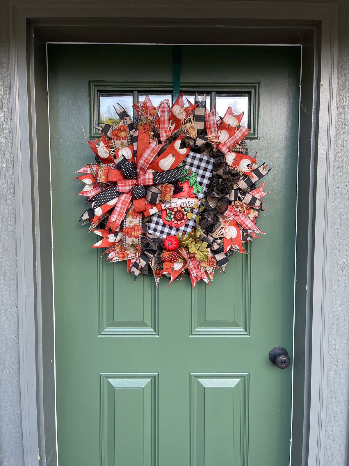 Black, White, Orange and Tan Deco Mesh Autumn Thyme Fall Wreath with Pumpkins on Green Door
