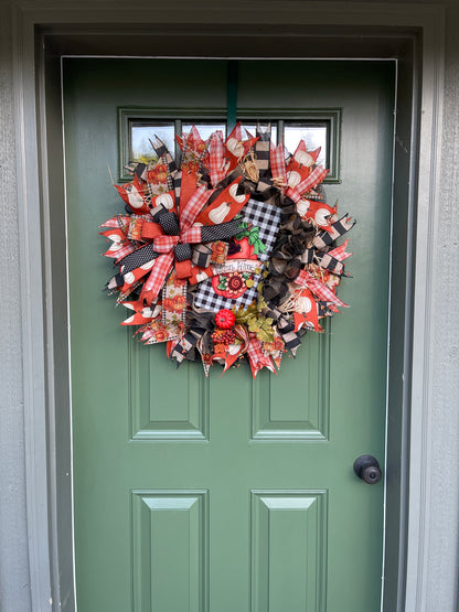 Black, White, Orange and Tan Deco Mesh Autumn Thyme Fall Wreath with Pumpkins on Green Door