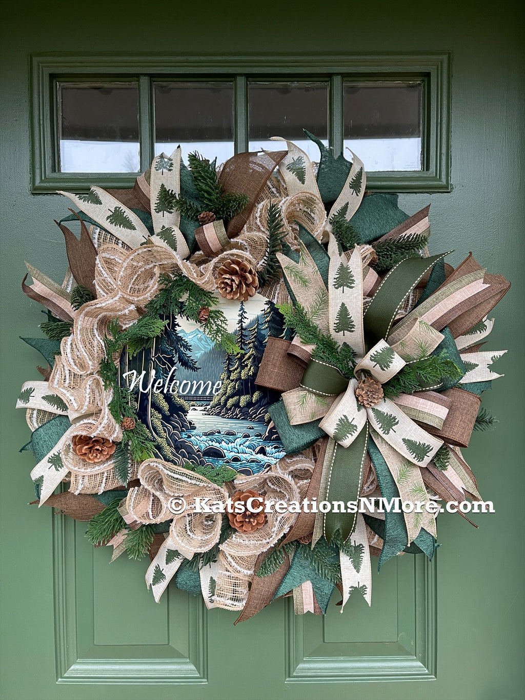 Pine and Pinecone, Green, Tan and Brown, Forest Mountain Cabin Welcome Wreath on a Green Door