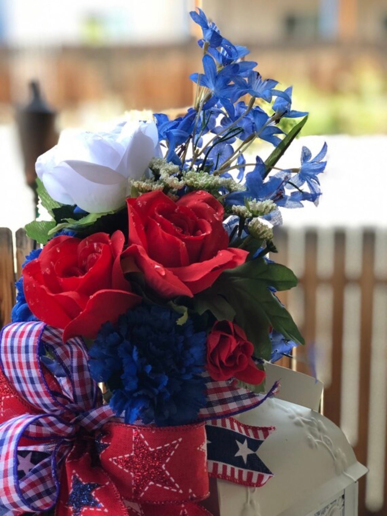 Close Up Details of Red and White Roses, with Blue Cornflowers