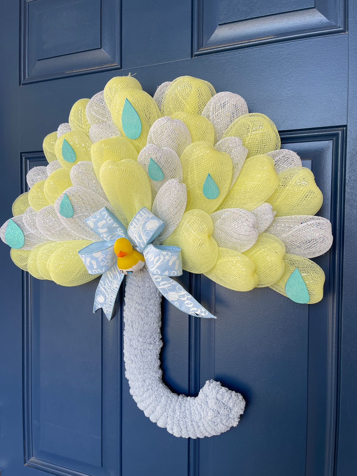 Side View of Blue, White and Yellow Deco Mesh Umbrella Wreath for Baby Boy Shower