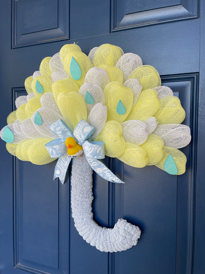 Side View of Blue, White and Yellow Deco Mesh Umbrella Wreath for Baby Boy Shower