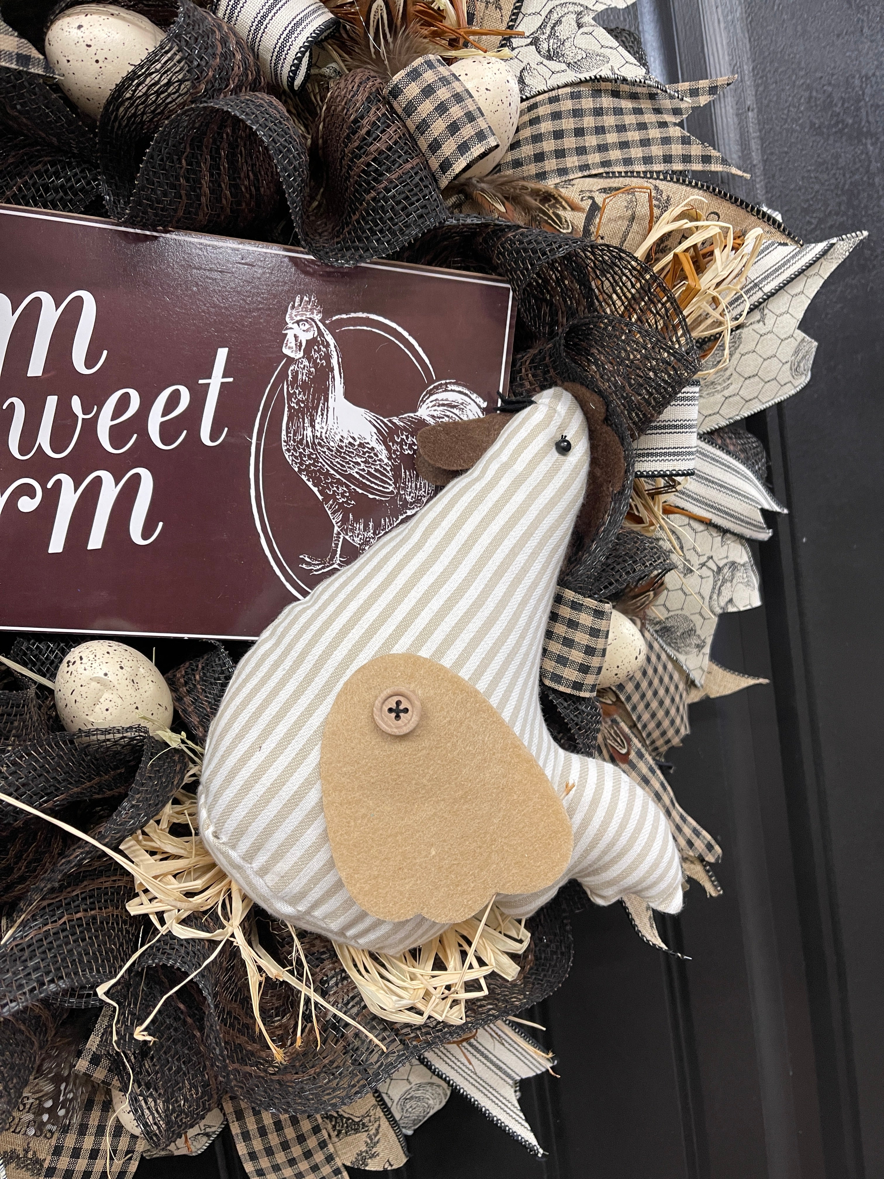 Close Up of Plush Beige and White Vertical Striped Chicken with Felt Wings on a Farm Sweet Farm Wreath