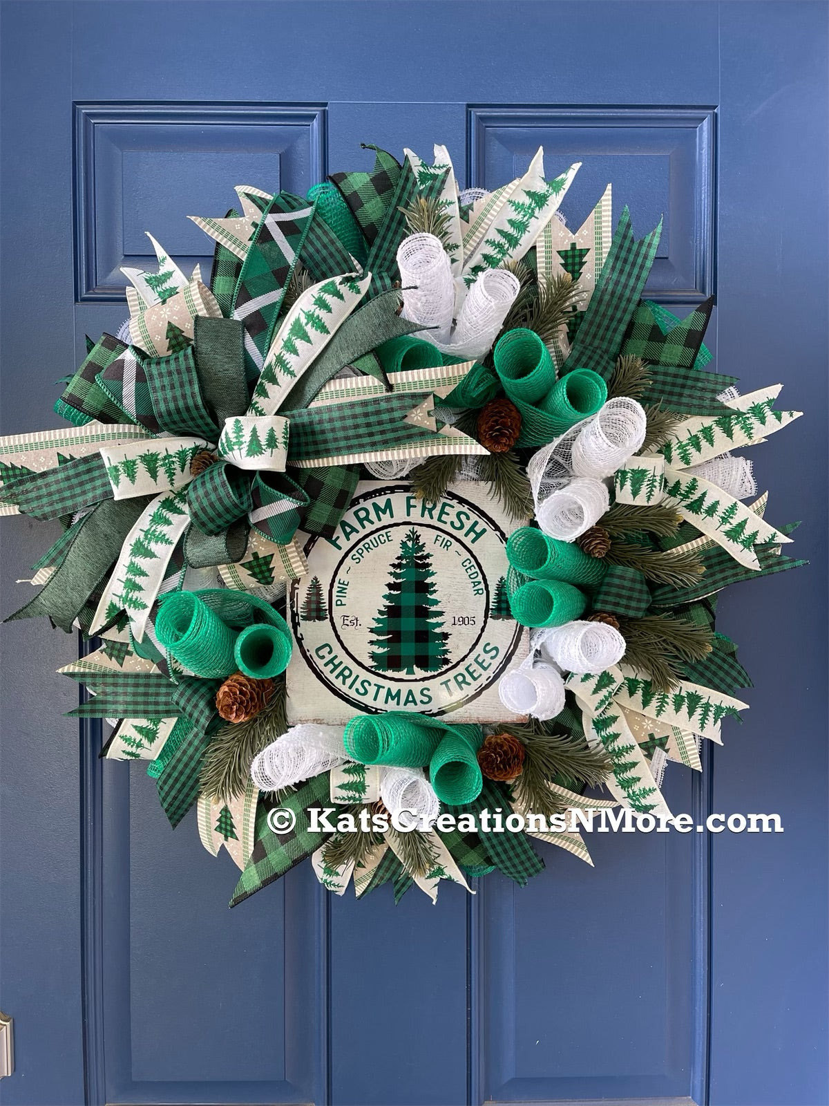 White, Green and Black Deco Mesh Farm Fresh Christmas Wreath on a blue door. 