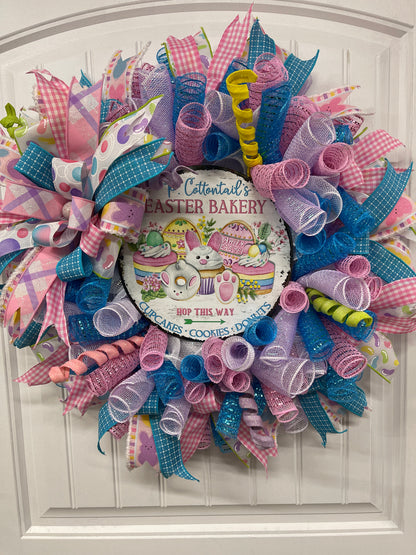 Peter Cottontail Easter Bunny Pastel Blue, Pink and White Bakery Deco Mesh Wreath 