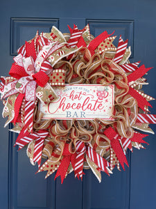 Hot Chocolate Bar Christmas Red, White and Tan, Deco Mesh Wreath on Blue Door