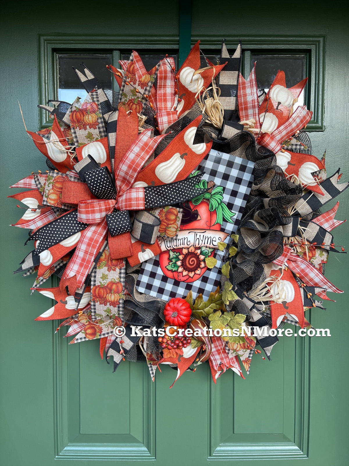 Black, White, Orange and Tan Deco Mesh Autumn Thyme Fall Wreath with Pumpkins on Green Door
