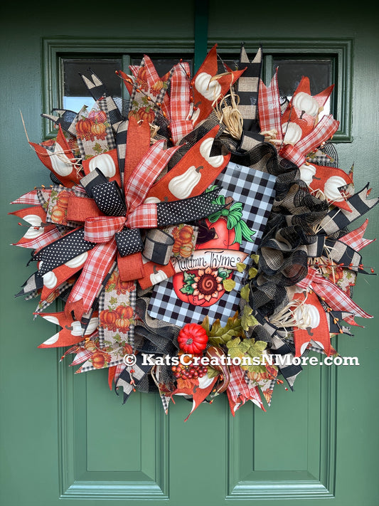 Black, White, Orange and Tan Deco Mesh Autumn Thyme Fall Wreath with Pumpkins on Green Door