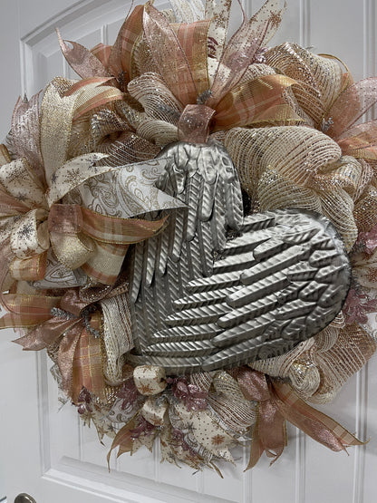 Rose Gold and Antique Silver Angel Wings Wreath on Front Door
