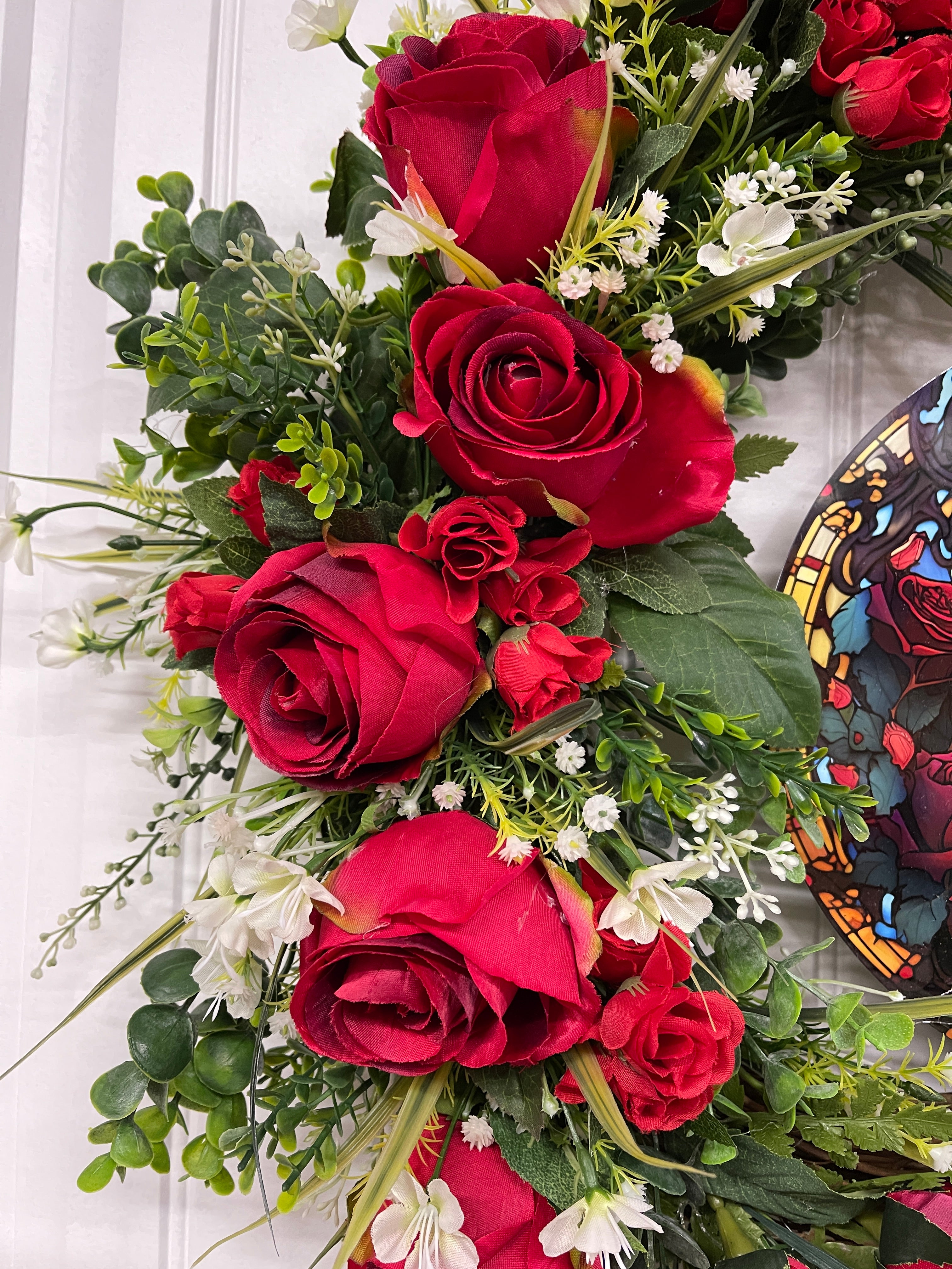Red Roses with Green Ferns and White Babies Breath 