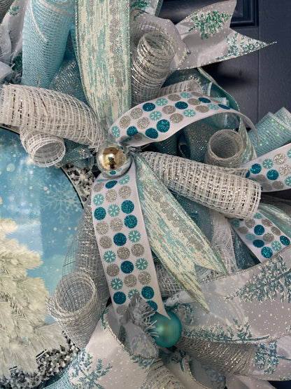 Close Up Detail of Blue and Silver Christmas Balls, Blue and White Snowflake Ribbon with Blue Birch Bark Ribbon, Snow Covered Christmas Tree Ribbons and White and Silver Deco Mesh Curls