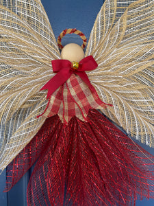 Rustic Farmhouse Jute Burlap and Red Metallic Angel Tree Topper with Red and Tan Plaid Apron, Red Bow, Gold Bell and Wooden Head on a Blue Door