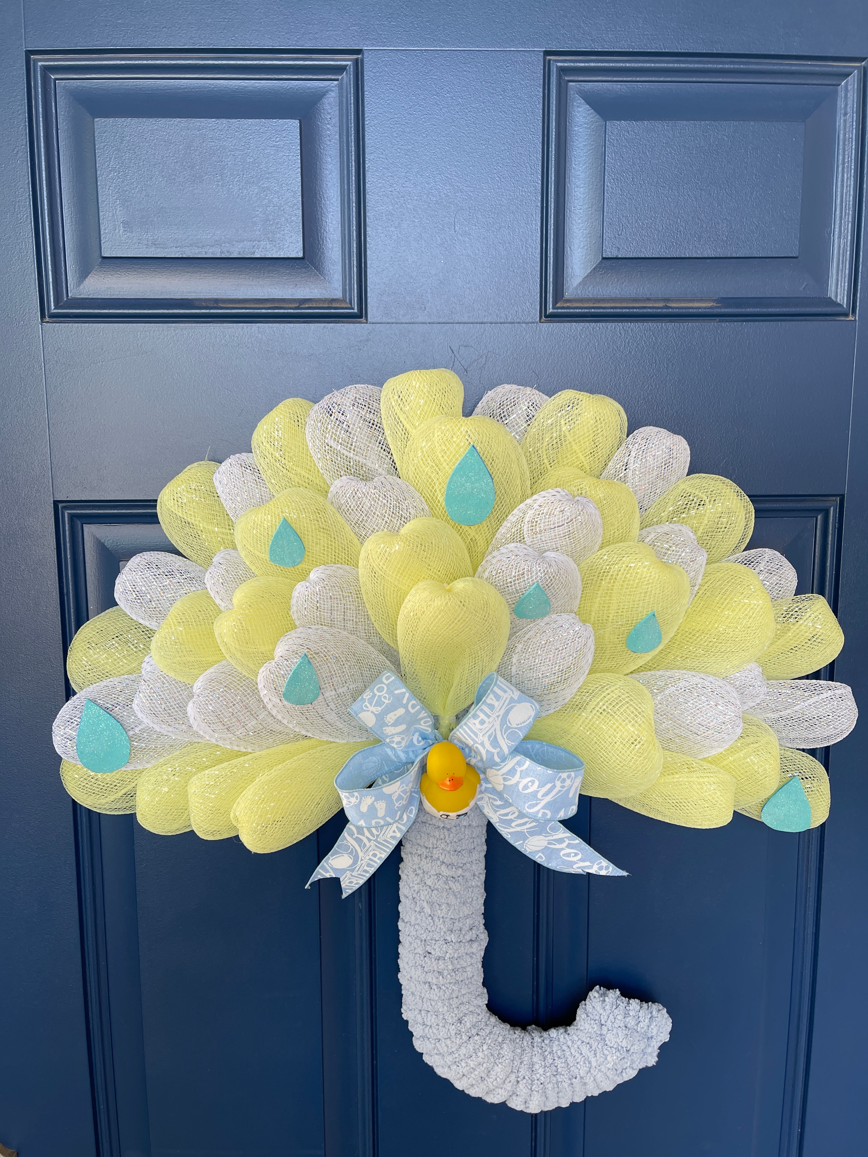 Top View of Blue, White and Yellow Deco Mesh Umbrella Wreath for Baby Boy Shower