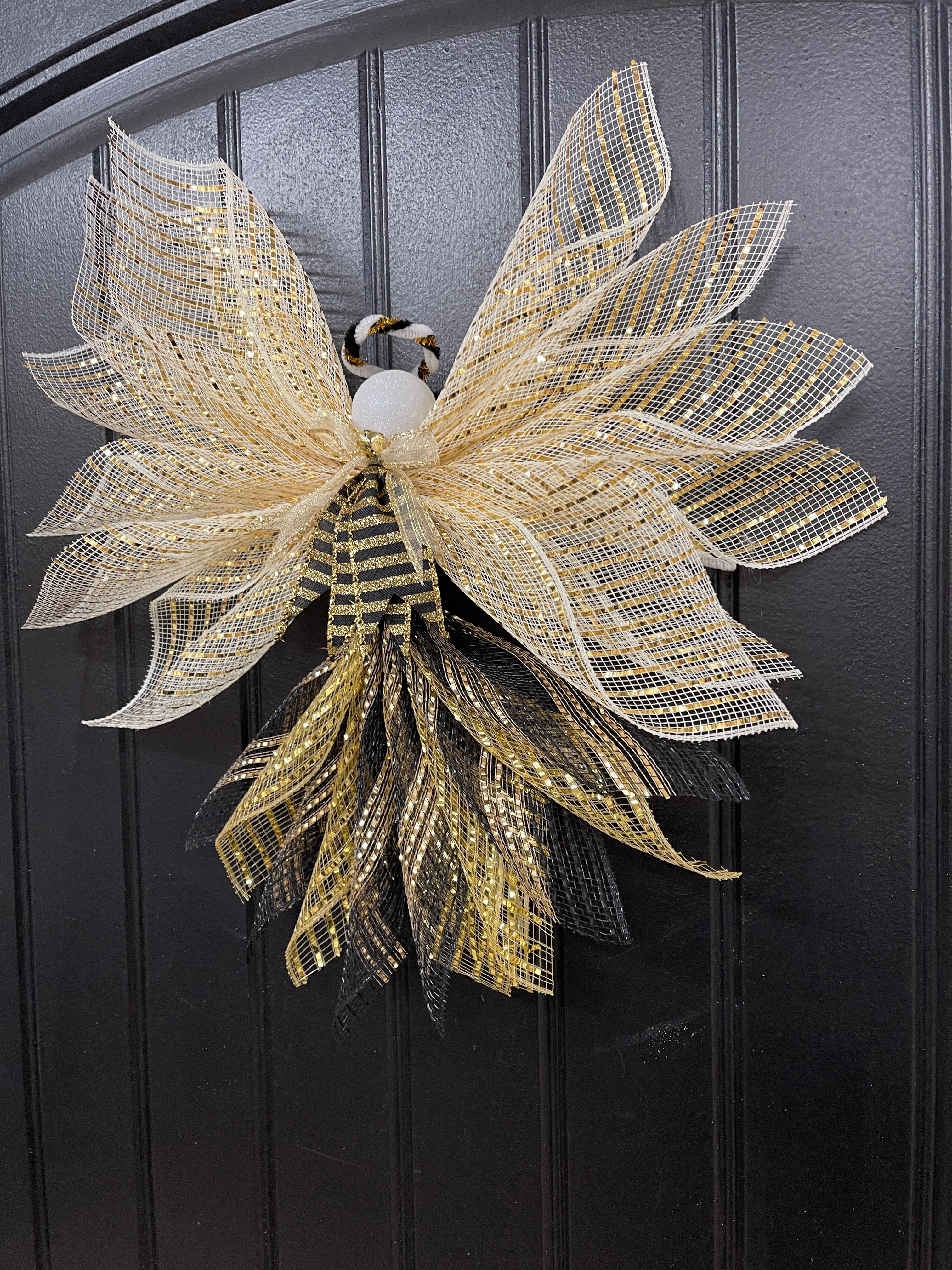 Gold and Black Deco Mesh New Years Angel for Front Door Side Profile