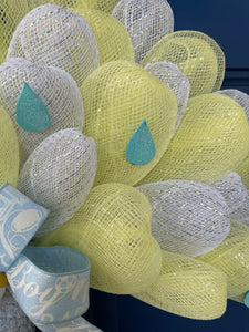 Close Up of Raindrops on Baby Boy Shower Wreath