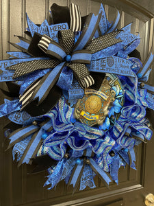 Left Side View of Protect and Serve Police Support Wreath Black and Blue on Black Front Door