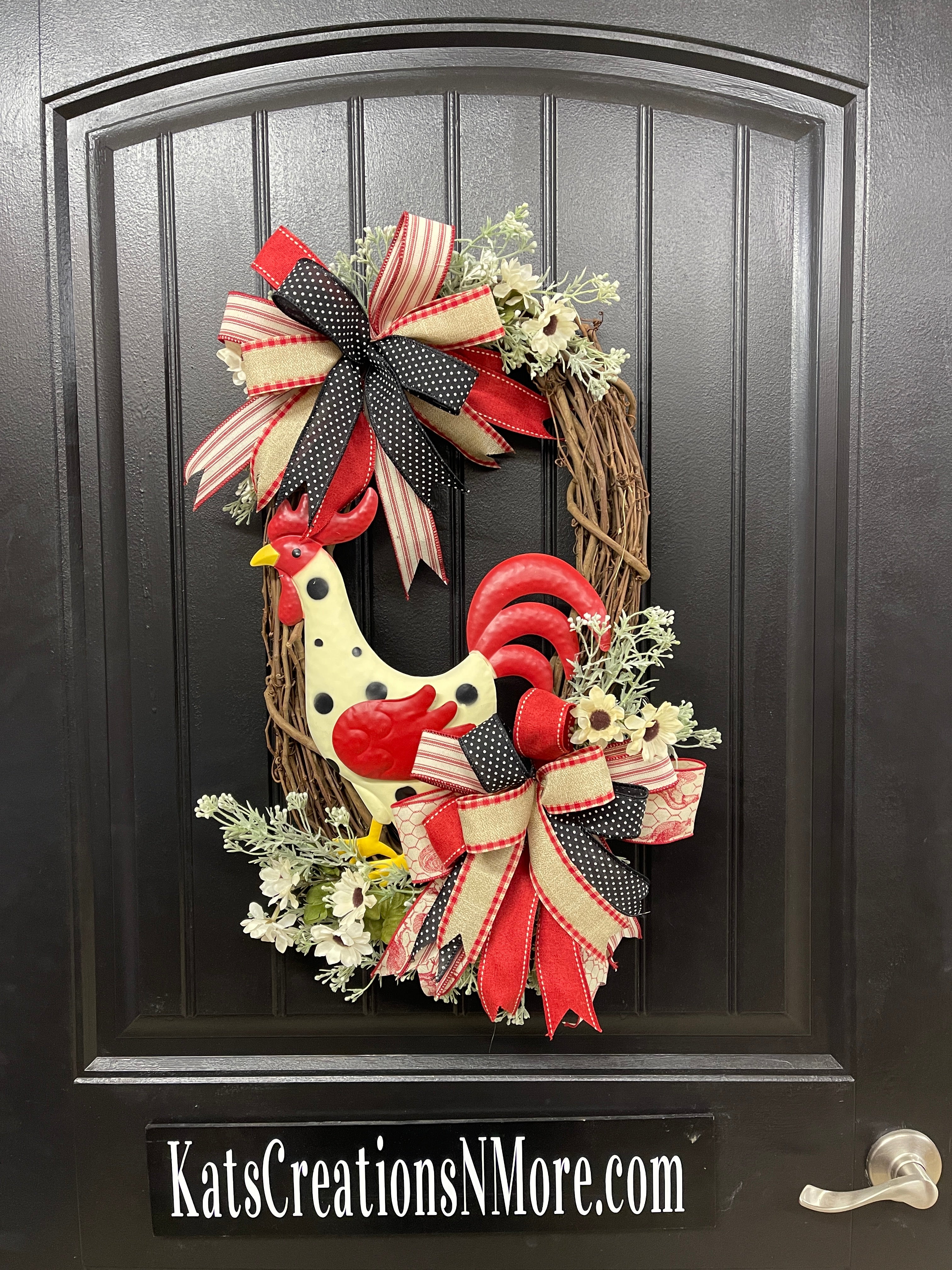Metal Red, Black and Tan Rooster Floral Grapevine Wreath with 2 bows on Black Door