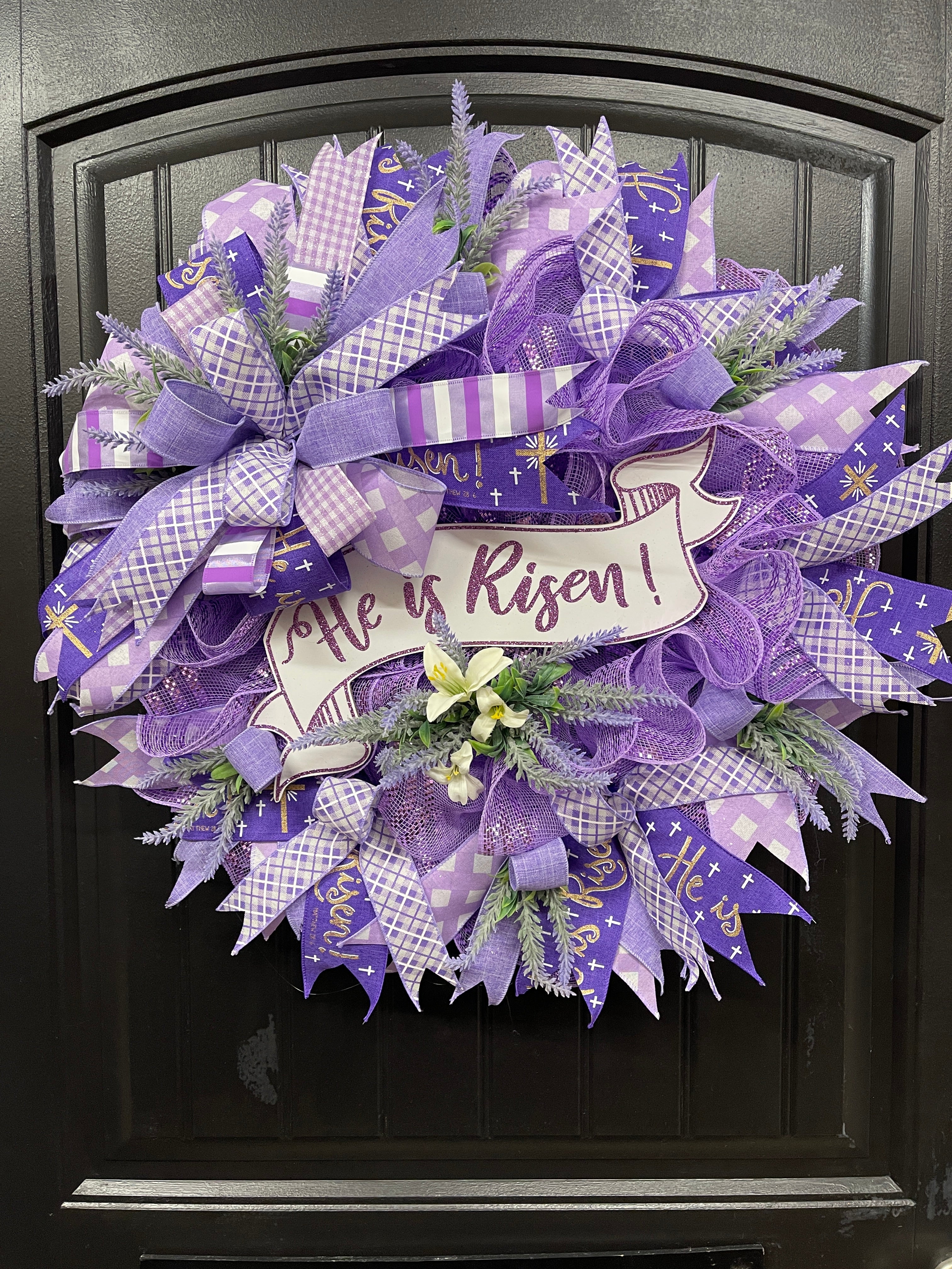 Purple and White Deco Mesh Religious Easter He Is Risen Floral Wreath on Black Door