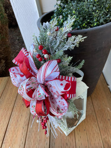View from the Top of Red and White Candy Cane and Peppermint Lantern Swag with Evergreen Florals and Red Berries. 