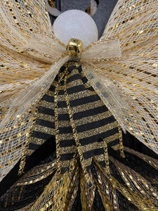 Gold and Black Deco Mesh New Years Angel  Close Up on Ribbons