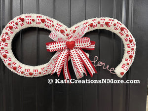Red and white Love Infinity Chenille Yarn Wreath with a Bow and Hearts with a Black Door
