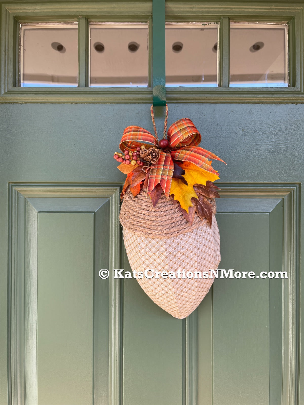Fall Beige and Cream Basketweave Fabric Covered Acorn Shaped Wreath with Bow and Artificial Fall Leaves, Pinecones and Berries