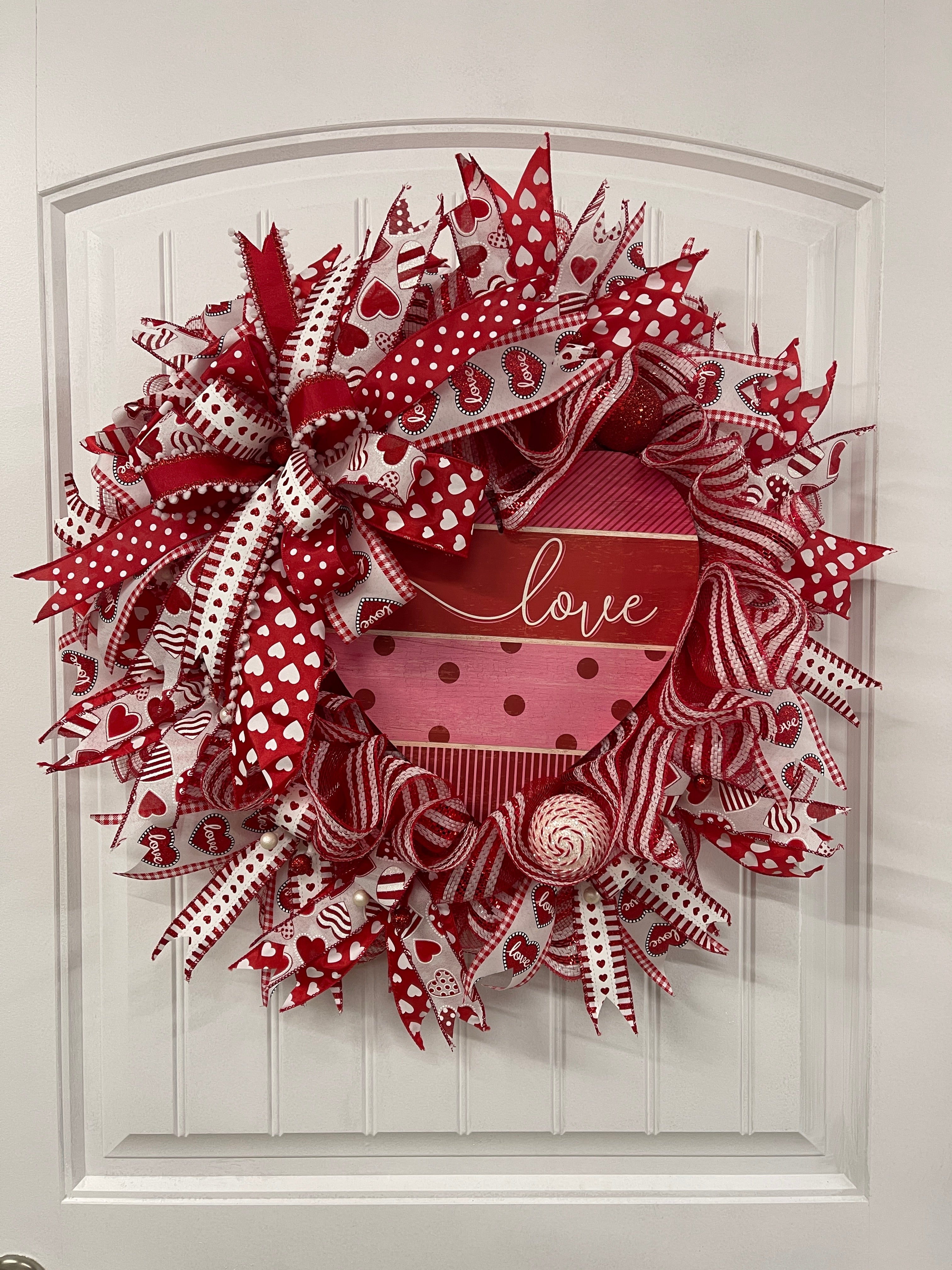 Red and White Deco Mesh Heart Love Valentine's Day Wreath on a White Door