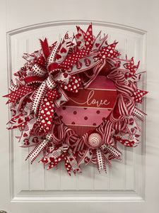 Red and White Deco Mesh Heart Love Valentine's Day Wreath on a White Door
