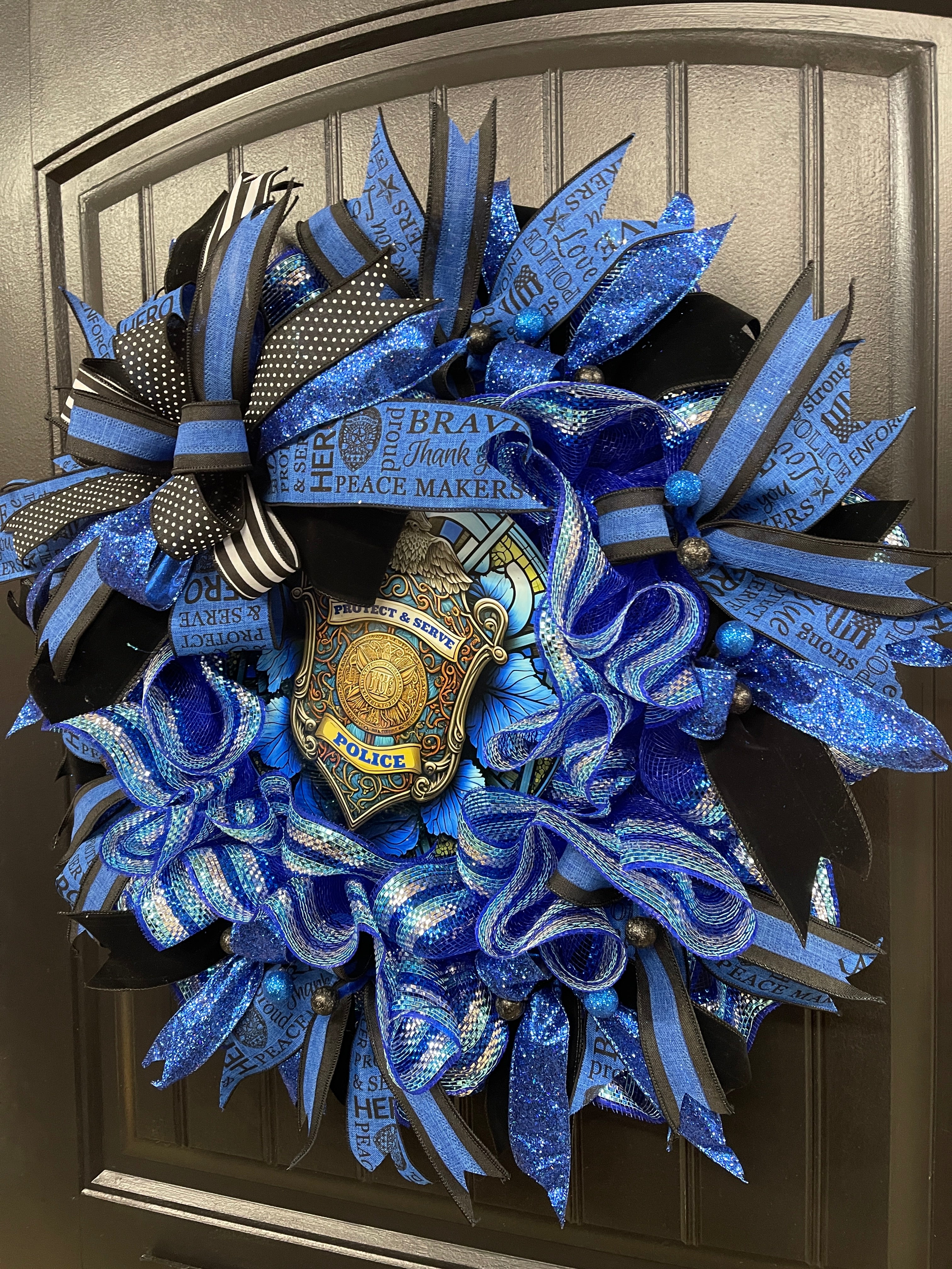 Right Side View of Protect and Serve Police Support Wreath Black and Blue on Black Front Door
