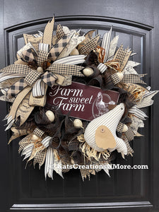 Black, White, Brown and Beige Fabric Mesh Farm Sweet Farm Chicken Egg Wreath on a Black Door