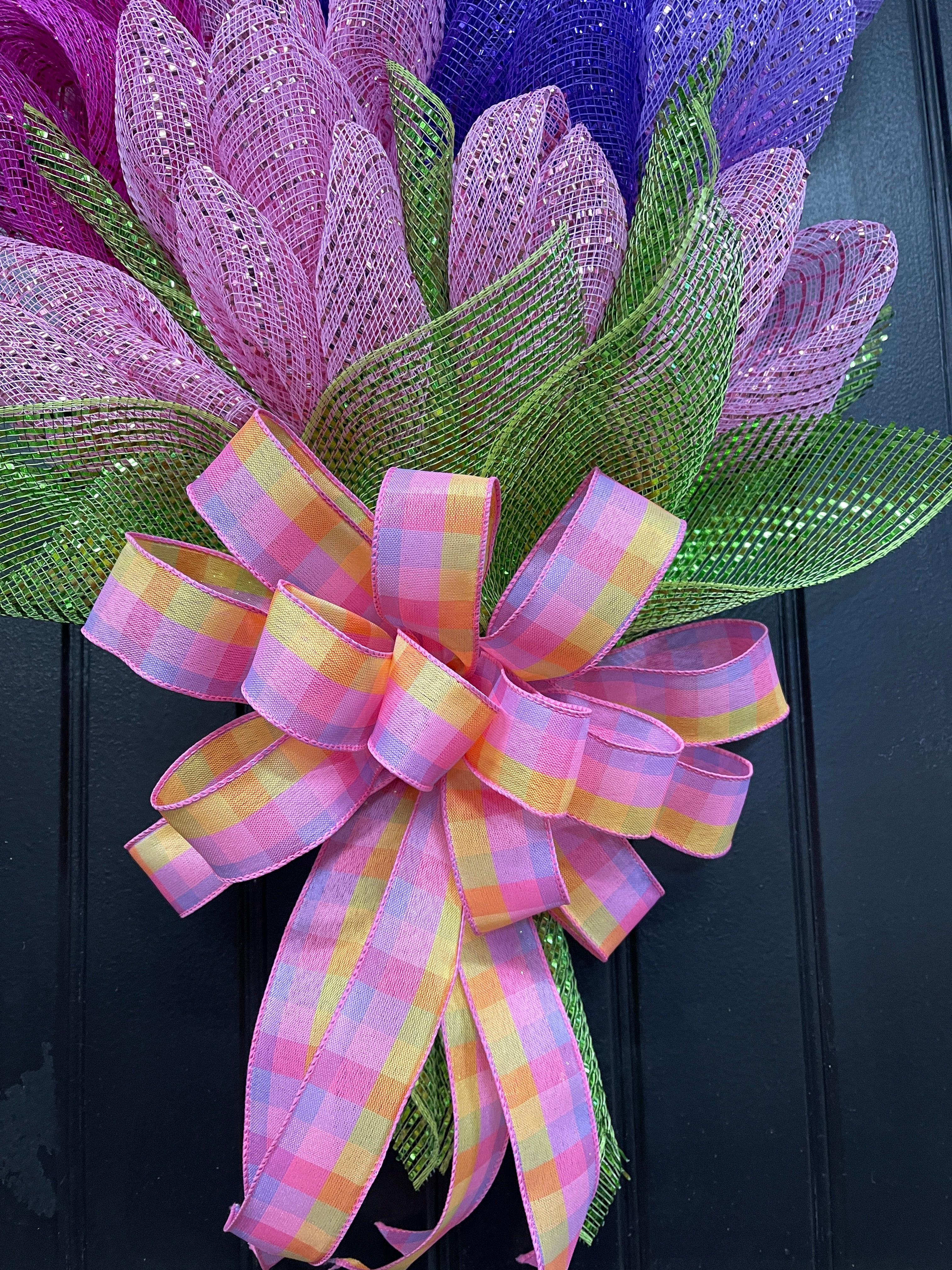 Close Up Detail or Pink, Purple and Yellow Plaid Bow