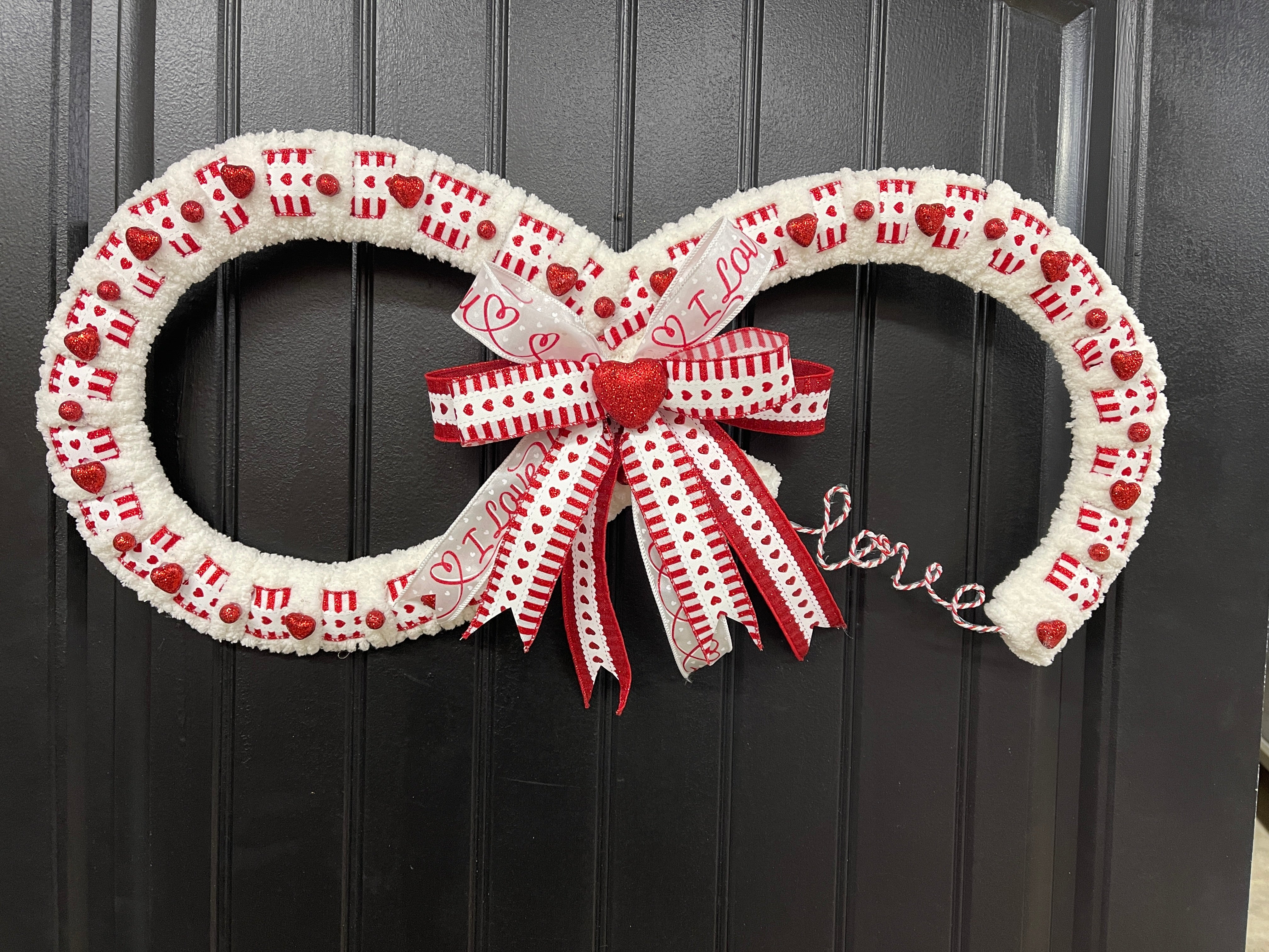 Red and white Love Infinity Chenille Yarn Wreath with a Bow and Hearts with a Black Door