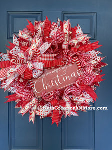 Red and White Twas the Night Before Christmas Wreath on a Blue Door