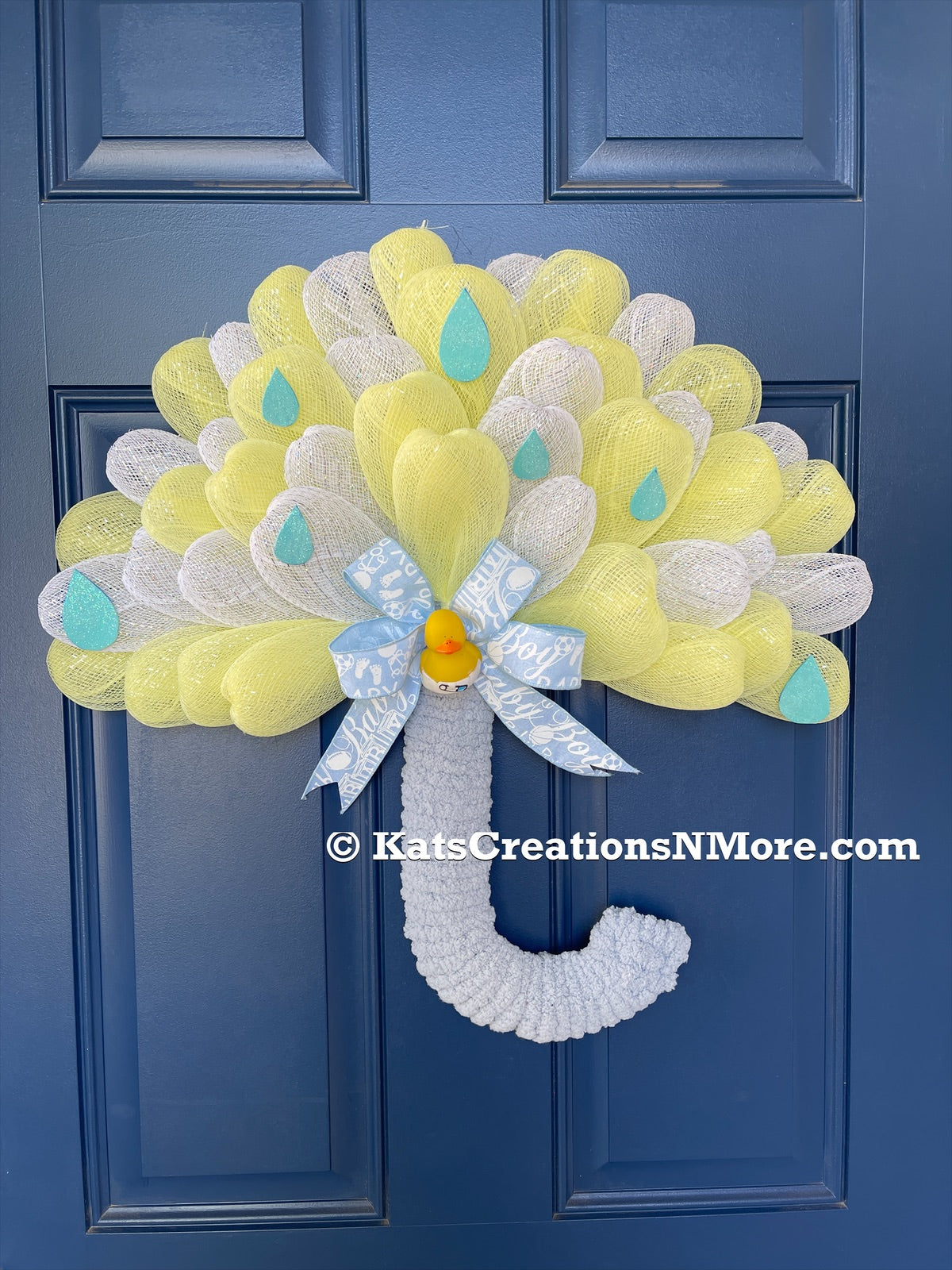 Blue, White and Yellow Deco Mesh Umbrella Wreath for Baby Boy Shower