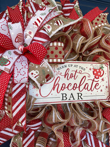 Hot Chocolate Bar Christmas Red, White and Tan, Deco Mesh Wreath on Blue Door