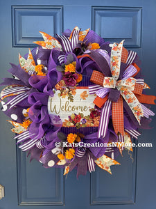 Purple and Orange Deco Mesh and Fall Floral Welcome Wreath on a Blue Door