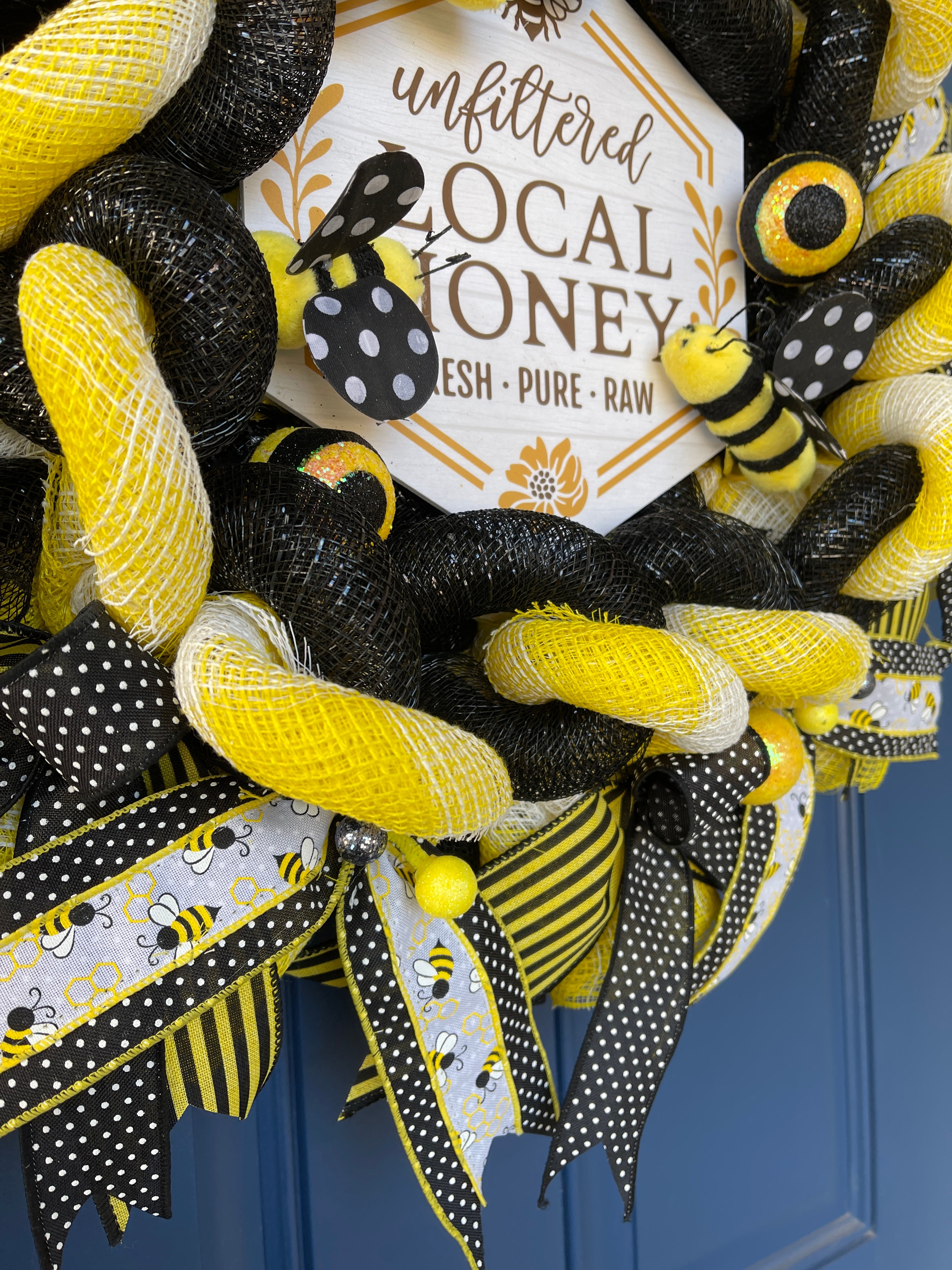Bottom View of Deco Mesh Woven Tubes of Bumble Bee Local Honey Black and White Wreath for Front Door