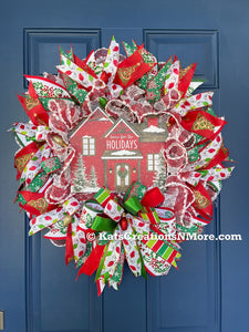 Red, White and Green Home for the Holidays Christmas Deco Mesh Wreath on a Blue Front Door