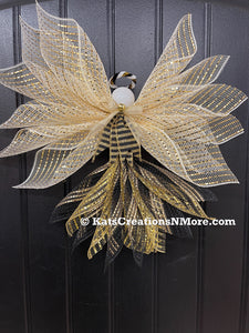 Gold and Black Deco Mesh New Years Angel Door Hanger