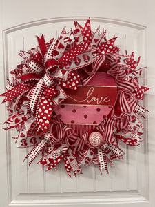 Red and White Deco Mesh Heart Love Valentine's Day Wreath on a White Door