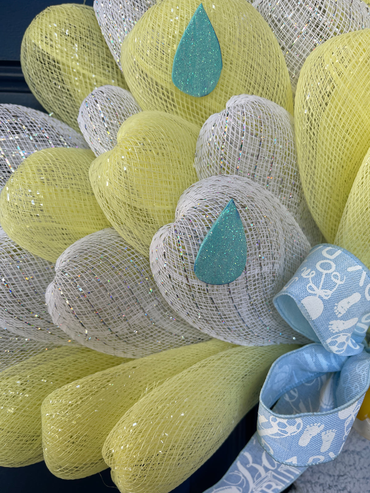 Close Up of Deco Mesh and Rain Drops on Baby Boy Umbrella Shower Wreath
