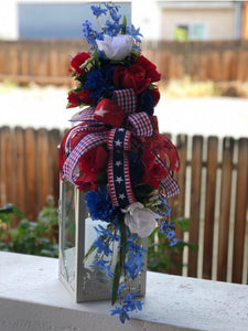 Red, White and Blue Roses and Cornflower Floral Patriotic Lantern Swag on a White Lantern with Red, White and Blue Bow
