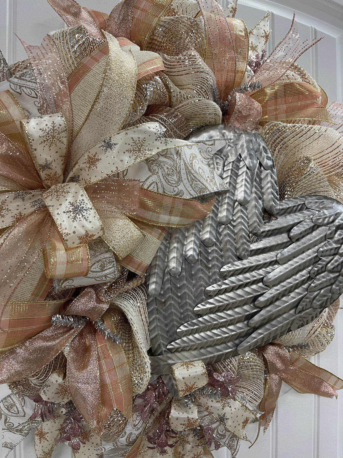 Rose Gold and Antique Silver Angel Wings Wreath on Front Door