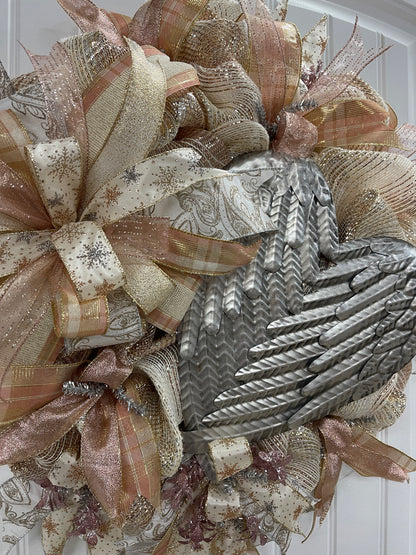 Rose Gold and Antique Silver Angel Wings Wreath on Front Door