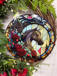 Red Roses with Green Ferns and White Babies Breath Kentucky Derby Run for the Race Wreath with round simulated stained glass sign on a White Door