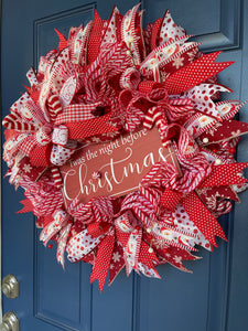 Right Side View of Right Side View of Red and White Twas the Night Before Christmas Wreath on a Blue Door
