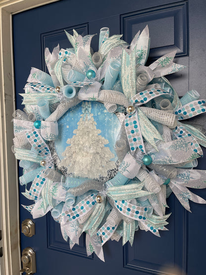 Right Side View of Blue and White Deco Mesh Winter Christmas Tree Wreath on a Blue Door 