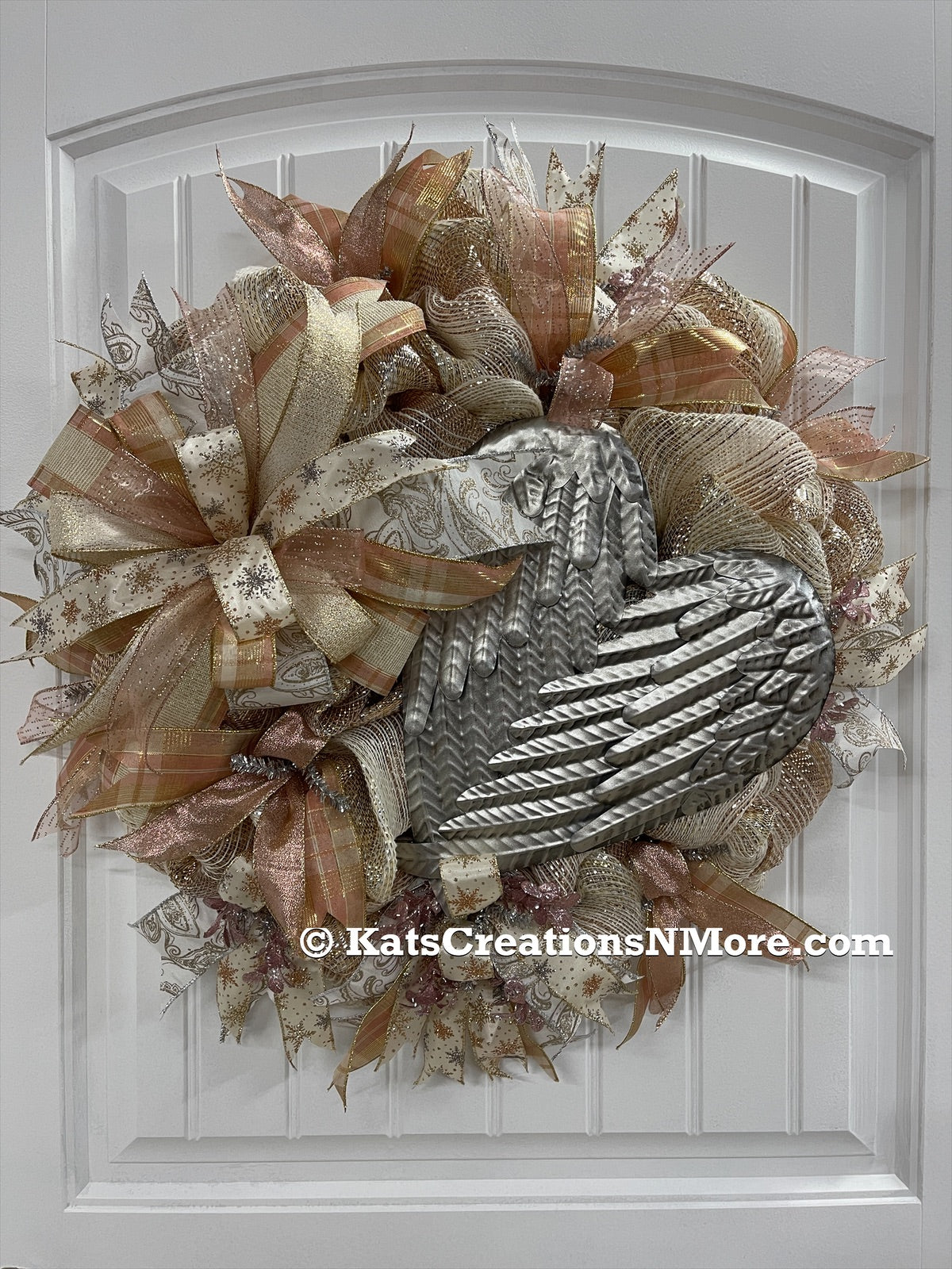 Rose Gold and Antique Silver Angel Wings Wreath on Front Door