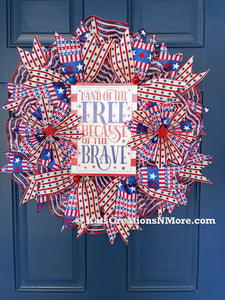 Red, White and Blue Stars and Stripes Storm Door Land of the Free Because of the Brave Wreath on a Blue Door