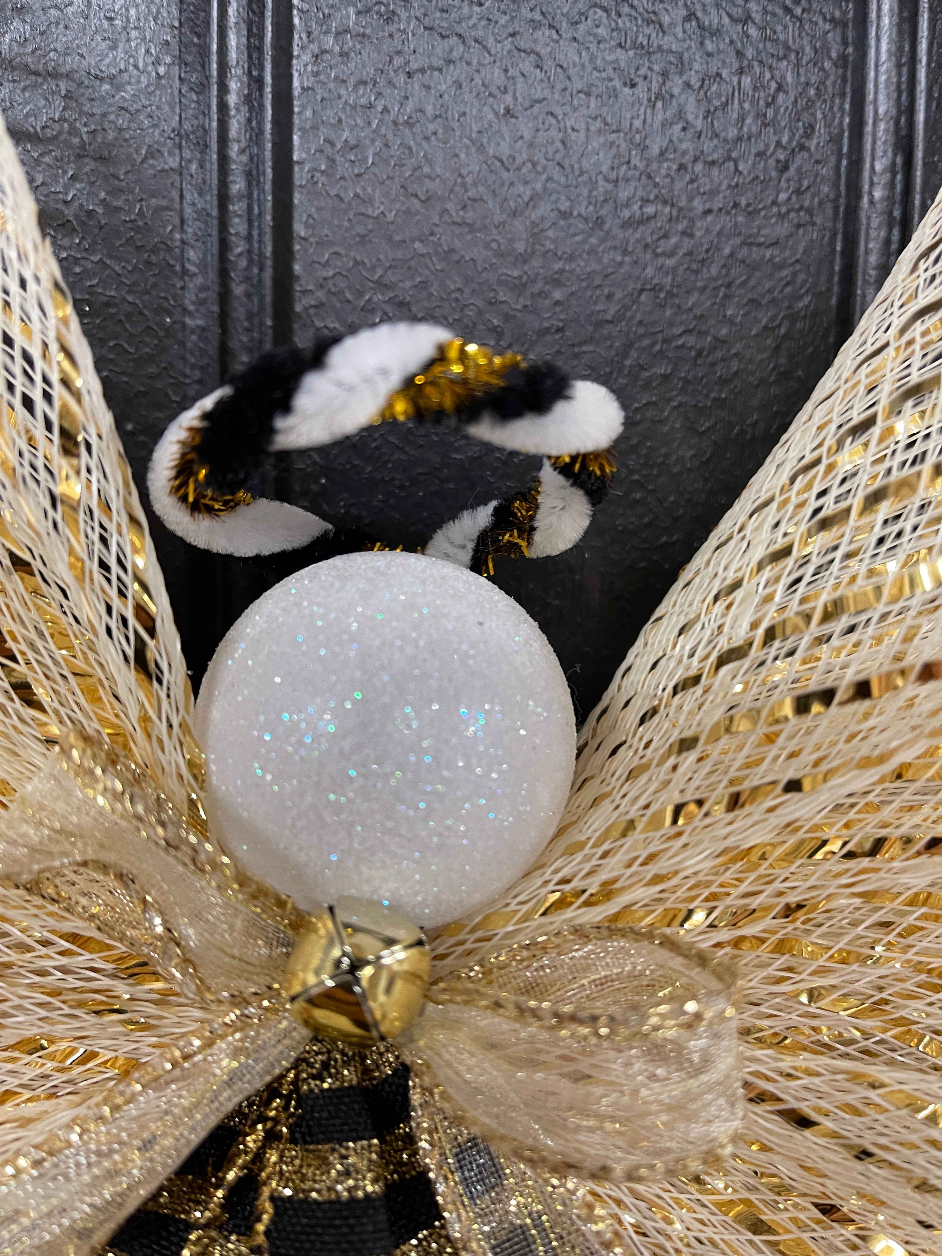 Gold and Black Deco Mesh New Years Angel Door Hanger Close Up of Head and Halo